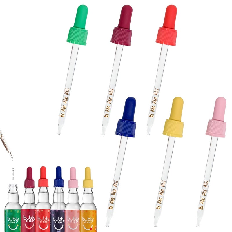 Engorgio 6Pcs Colorful Glass Dropper Pipettes Compatible with SodaStream Bubly Drops Flavors,1ML Pipette with Graduated Dropper for Sodastream Bubly Bottle,Flavors Pipettes Bottle for Soda Stream Dropper - Image 1